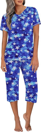Ekouaer Women's Sleepwear Capri Pajama Sets Short Sleeve Two-Piece Pjs V Neck Tops & Capri Pants with Pockets S-3XL