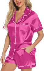 Samring Women's Silk Satin Pajamas Set Short Sleeve Sleepwear Two Piece Button Down Pj Set with Pockets S-XXL