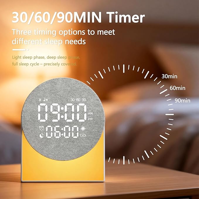 Sunrise Alarm Clock White Noise Sound Machine Night Light, Sound Machine with Speakers Bluetooth Wireless Timer Digital Alarm Clock Rechargeable LED Night Lights for Bedroom Decor Birthday Gift