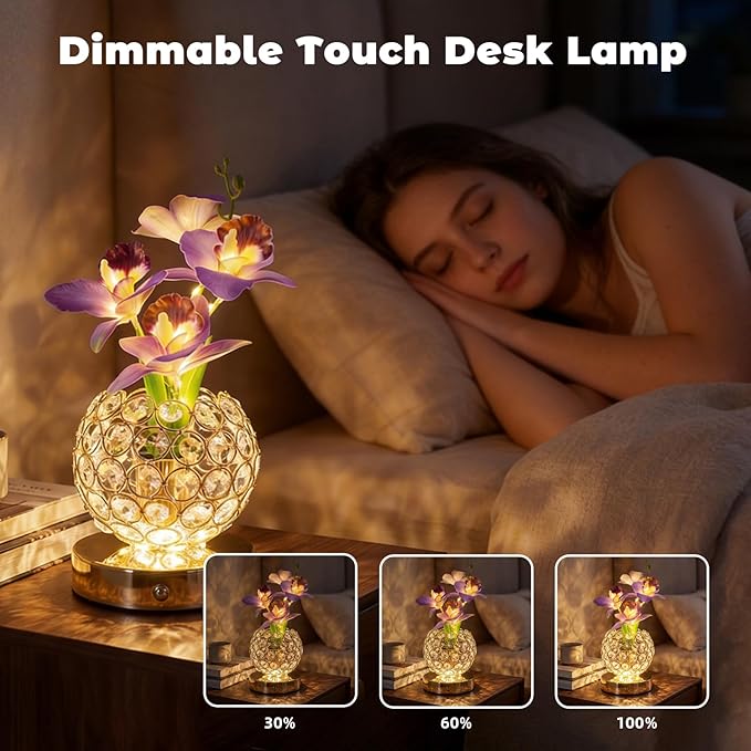 Flower Table Lamp, Orchid Flower with Crystal Vase Lamp, Cordless Touch Desk Light, 3 Colors Dimming & Rechargeable, Small Night Light for Bedroom Home, Romantic Gifts for Girl Women (Purple)