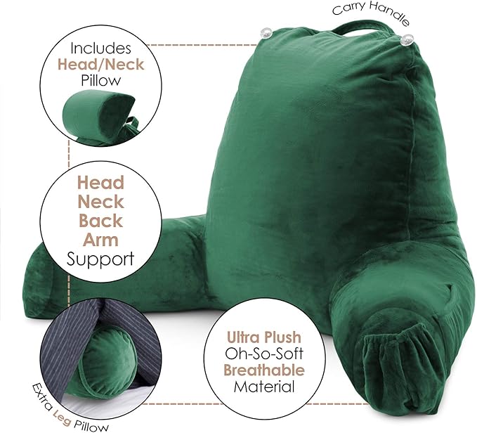 Clara Clark Reading Pillow with Shredded Memory Foam Includes 2 Neck and Lumber Support Pillows, Designed for Sitting Up in Bed and Couch Back and Arms Adjustable Support for Adults & Teens Dark Green
