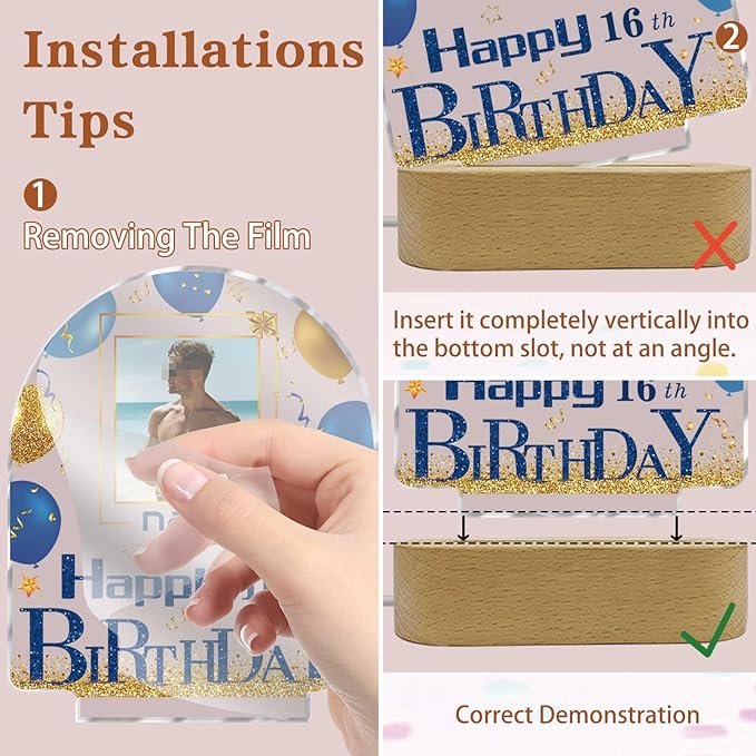 Customized Birthday Gifts Personalized Acrylic LED Night Light Lamp Plaque Custom Photo Name Age Birthday Gifts for Women Men(B-Blue and Gold)