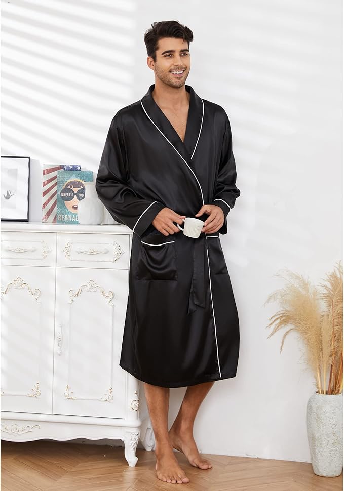 Vulcanodon Men’s Satin Robe Lightweight,Men's Luxurious Silk Kimono Bathrobe