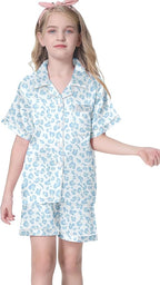 Umeyda Women & Girls Pajamas Set, Soft Satin Lightweight Silk Button-Down Top with Shorts 2 Piece PJS for Mom Boys Kids Gifts