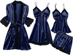 Women's 4pcs Silk Satin Pajamas Set Floral Lace Trim Dress with Robe Lounge Sleepwear Nightdress Novelty Loungewear