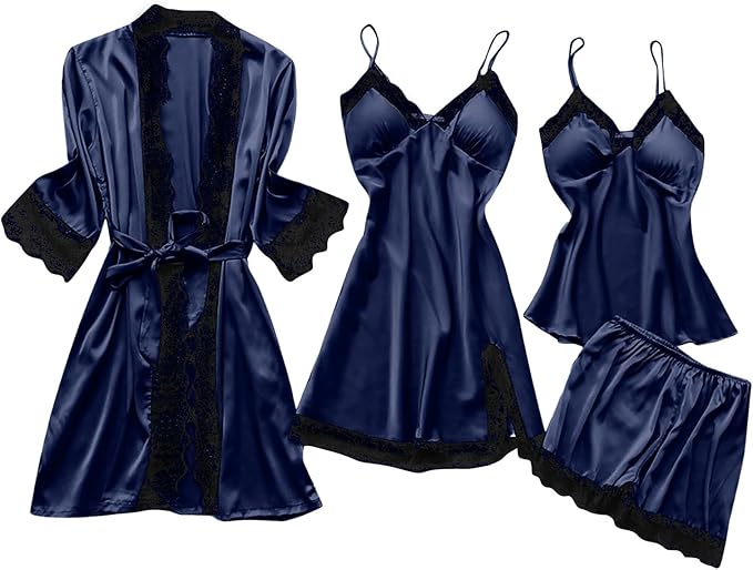 Women's 4pcs Silk Satin Pajamas Set Floral Lace Trim Dress with Robe Lounge Sleepwear Nightdress Novelty Loungewear