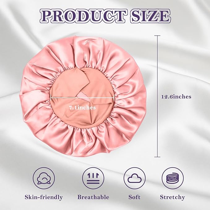 ZHENSILK 2Pcs Silk Bonnet for Sleeping, Satin Hair Bonnets, Soft Elastic Band Silk Sleep Cap, Hair Wrap for Women(Black Pink)