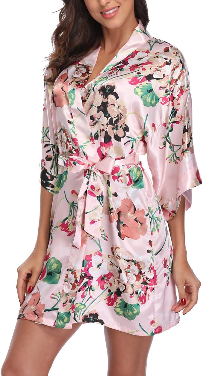 Women's Floral Satin Robes Bride Bridesmaid Getting Ready Robe Short Silky Kimono Sleepwear for Wedding Party