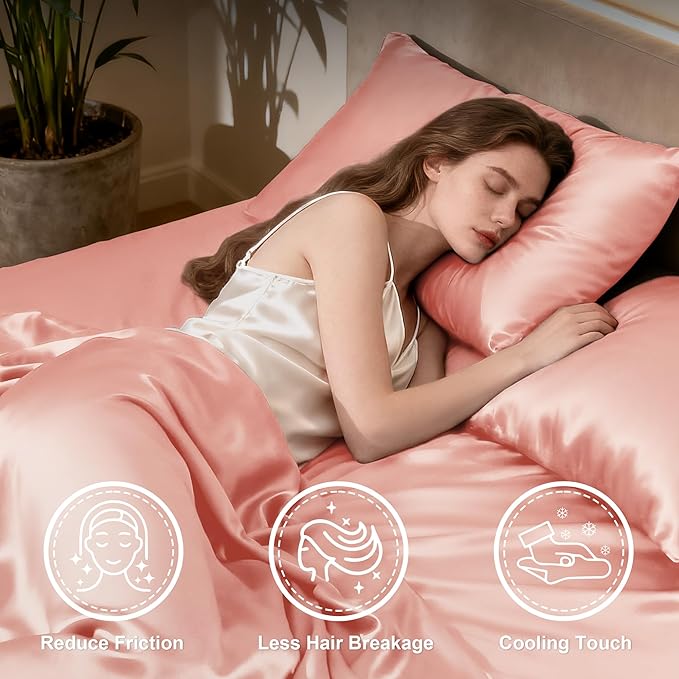 Love's cabin Full Size Satin Sheet Sets - 4 Piece Coral Silky Satin Sheet Set Full with Deep Pocket, Luxury Silk Feel Satin Bed Sheets Full Bedding Set (1 Flat Sheet,1 Fitted Sheet,2 Pillow Cases)
