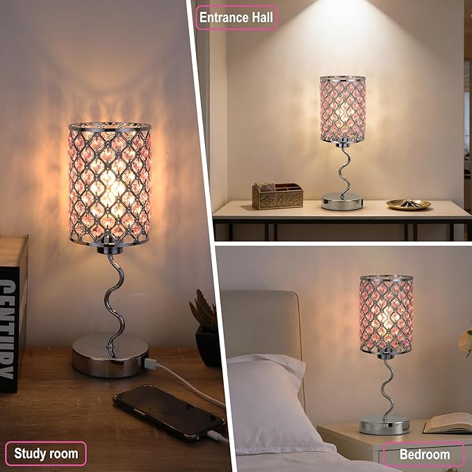 EOEYYOYB Crystal Table Lamp with 3 Way Dimmable Touch Control, Nightstand with USB A+C Ports, Modern Bedside Touch Lamp for Bedroom, Living Room, Office Reading, Pink