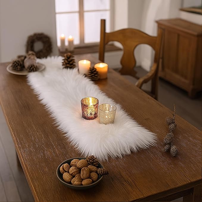Table Runner, Thanksgiving Modern Small White Fur Table Runners for Party Birthday Christmas Friendsgiving Wedding Dinning Table, Decorative Rug Luxury Faux Fur Runner for Table(11.8x47.2inch)