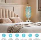 Hong-in Blue Crystal Table Lamp - 3-Way Dimmable Touch Control, Bedside Lamp with USB C and A Ports, Nightstand Light for Living Room, Bedroom, Home Office (Bulb Included)