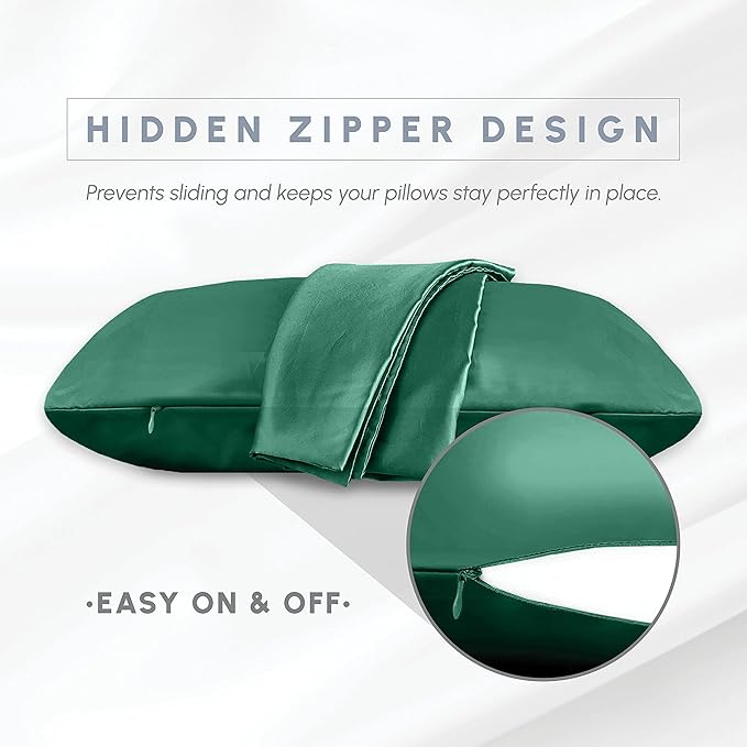 Elegant Comfort 4-Pack Cooling Viscose Satin Pillowcase Set with Hidden Zipper Closure, Silky Smooth for Hair and Skin Care-Beautiful Gift Box-4-Piece Satin Pillowcases, Standard/Queen, Hunter Green