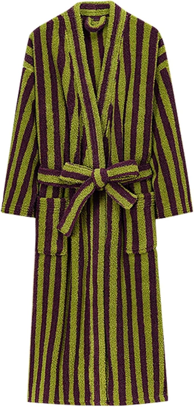 Oplxuo Women's Fuzzy Fleece Robe Long Striped Plush Bathrobe Warm Thick Fluffy Oversized Loungewear Maxi Robes with Pockets
