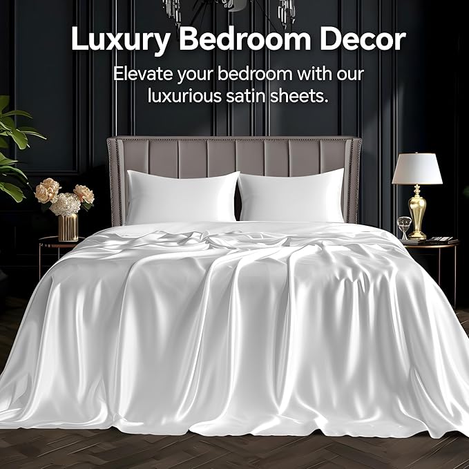 BEDELITE California King Sheets Set, Luxury Soft White Satin Sheets for Hair and Skin, Similar to Silk Bed Sheets Set 4 Pieces with 1 Deep Pocket Fitted Sheet, 1 Flat Sheet, and 2 Pillowcases