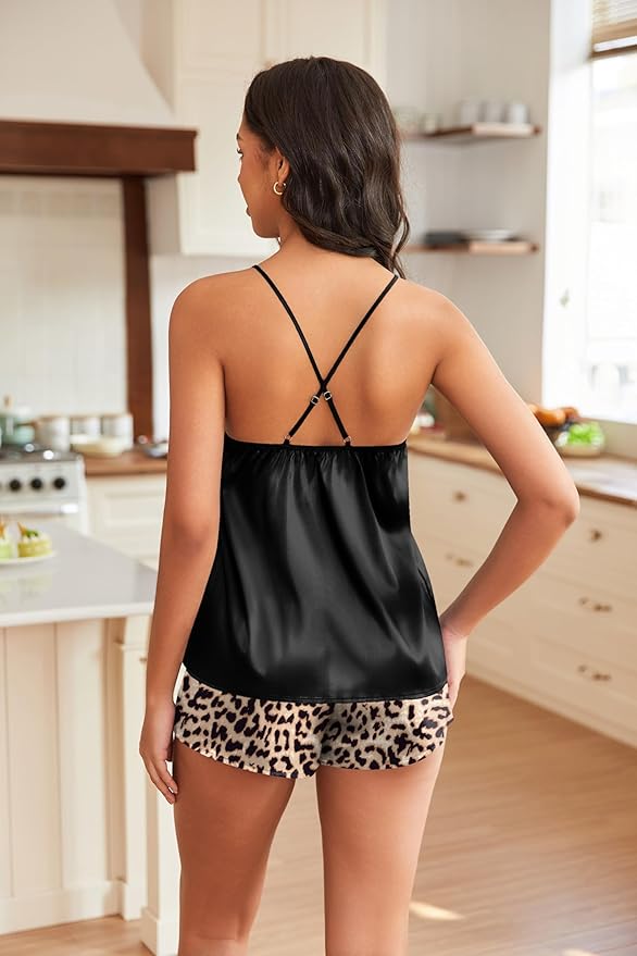 EKOUAER Silky Pajama Set for Women V-Neck Satin Camisole Lingerie Sets Party Loungewear Sleepwear