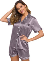 SWOMOG Womens Silk Satin Pajamas Set Short Sleeve Sleepwear Button Down Top and Shorts Loungewear 2 Piece Pjs Set XS-3XL
