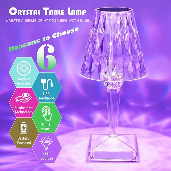 Crystal Table Lamp, 16 Color Changing Touch Crystal Rose Lamp with Remote, Rechargeable LED Diamond Romantic Night Light, Small Acrylic Cordless Table Lamp for Bedrooms Party Dinner Bar Decor Lights