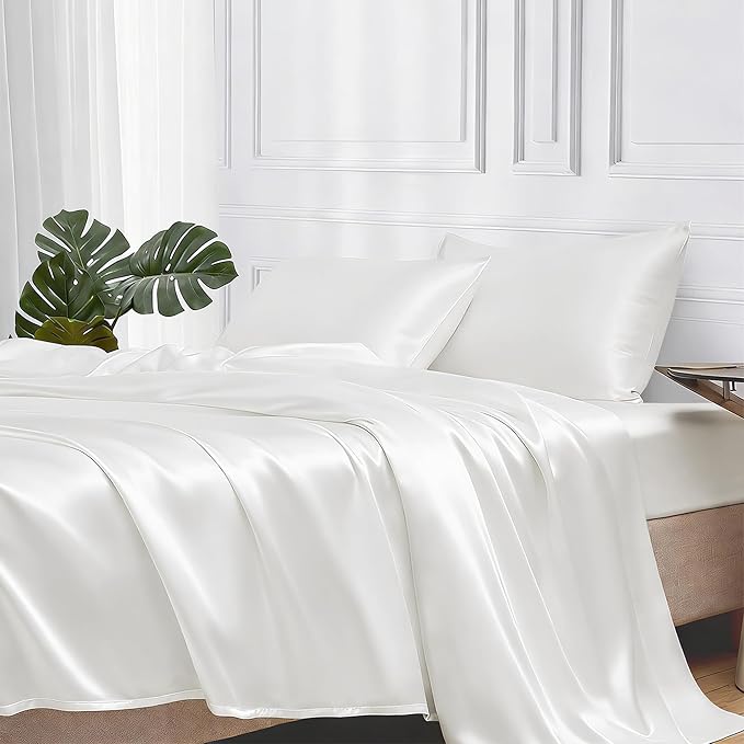 MR&HM Satin Bed Sheets, Twin XL Size Sheets Set, 3 Pcs Silky Bedding Set with 15 Inches Deep Pocket for Mattress (Twin XL, Ivory)
