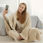 Amélie Home Knit Throw Blanket, Soft Chenille Cozy Breathable Chevron Chunky Decorative Blanket for Couch, Bed & Sofa, French-Inspired Lightweight Warm Gift for Women, Beige, 60"x80"