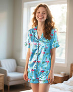 Womens Silky Pajama Sets Short Sleeve Loungewear 2 Pcs Satin Soft Pj Sets Button Down Women's Summer Sleepwear