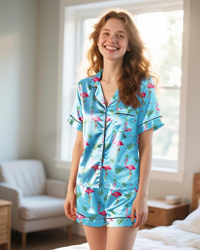 Womens Silky Pajama Sets Short Sleeve Loungewear 2 Pcs Satin Soft Pj Sets Button Down Women's Summer Sleepwear