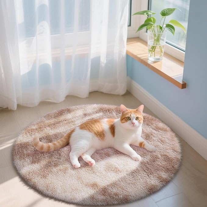 OLANLY Beige Tie-dye Round Rugs for Bedroom - Machine Washable, 3x3 Feet Circle Area Rugs for Living Room, Soft and Fluffy Shaggy Carpet for Girls and Boys, Nursery Rooms, Dorms, Home Decor Aesthetic