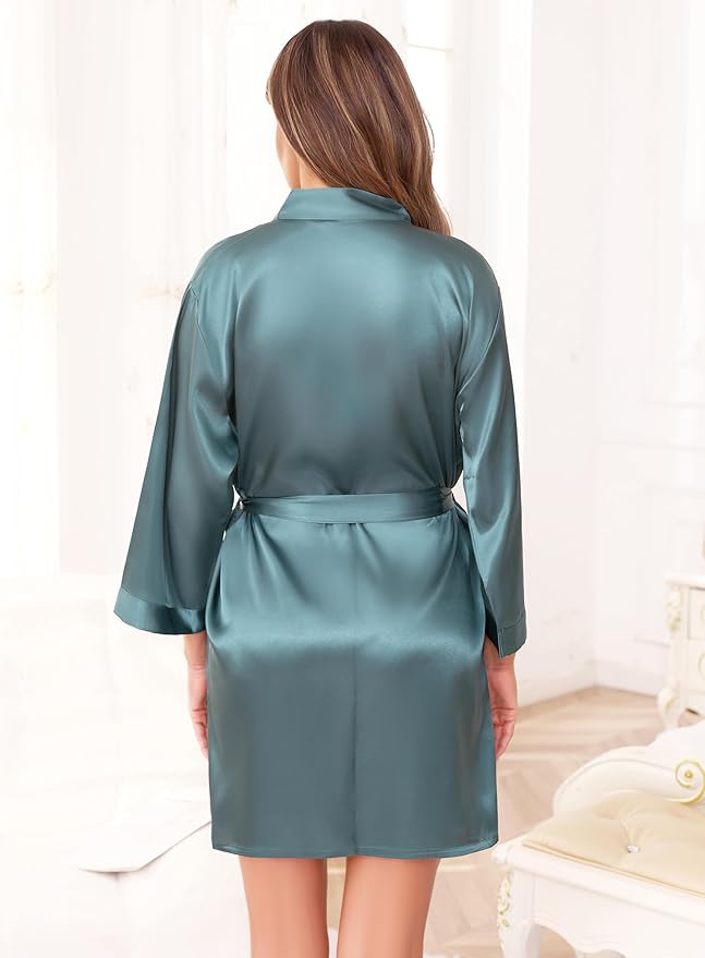 Women's Robes Satin Bathrobe Lightweight Short Silk Kimono V-Neck Bride Bridesmaids Loungewear