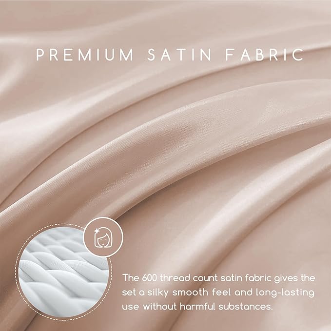 MR&HM Satin Bed Sheets, Full Size Sheets Set, 6 Pcs Silky Bedding Set with 15 Inches Deep Pocket for Mattress (Full, Champagne)
