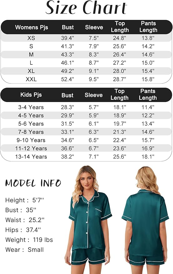 Girls & Womens Satin Pajamas Set, Silk Button-Down Sleepwear 2 Piece Nightwear, 3 Years - Women XXL