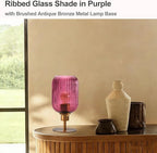 Mid Century Glass Table Lamp,Dimmable Desk Lamp,LED Bulb Included,Timer Build-in,Purple Ribbed Glass