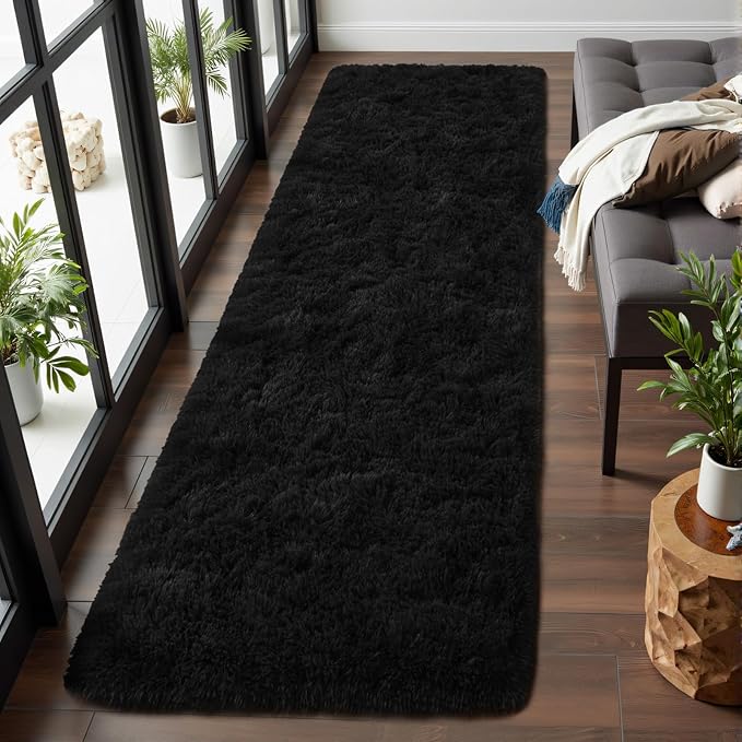 Macgace Fluffy Runner Rug, 2x6 Black Washable Hallway Area Rugs for Bedroom Living Room Kitchen Laundry, Long Shag Rug with Non Slip Rubber Backing Fuzzy Entryway Carpet Modern Home Decor