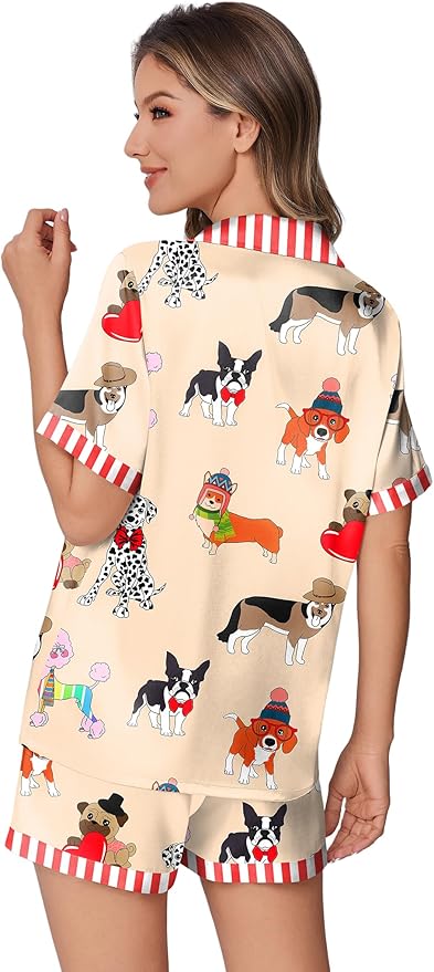 Ekouaer Womens Silk Satin Pajamas Set Animals Print Pjs Button Down Short Sleeve Lounge Set 2 Piece Sleepwear