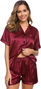 SWOMOG Womens Silk Satin Pajamas Set Short Sleeve Sleepwear Button Down Top and Shorts Loungewear 2 Piece Pjs Set XS-3XL