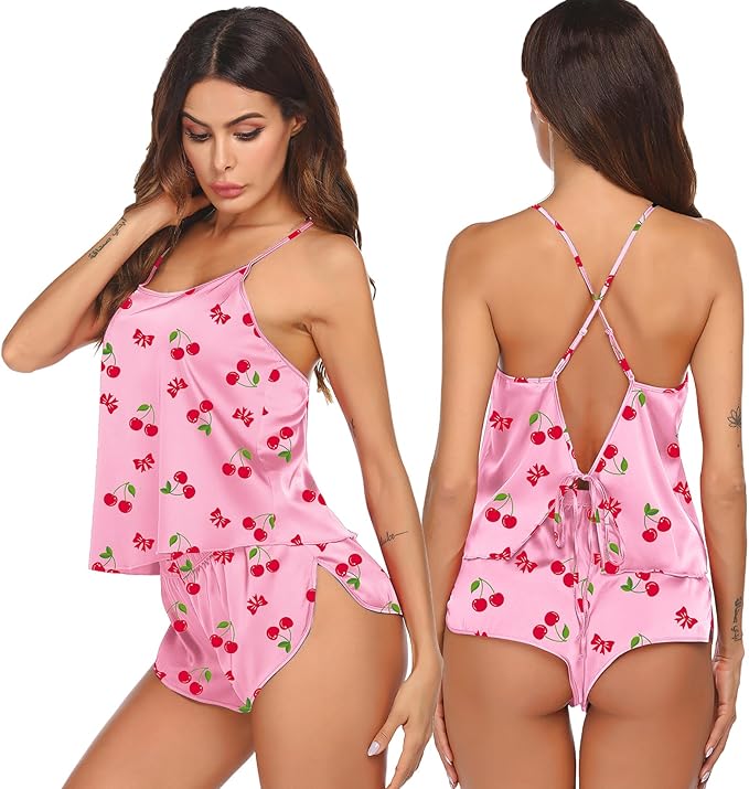 Ekouaer Silk Pajamas Set for Women Satin Backless Lingerie Pjs Cami Top and Shorts Nightwear