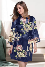 WJing Yi Jia Womens Satin Kimono Robe Silky Robes Floral Bathrobe Bride Bridesmaid Wedding Bridal Dressing Gown Loungewear