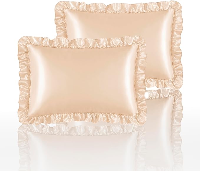 Silky Satin Ruffled Pillow Cases for Hair and Skin,Champagne Silk Pillowcases King Set of 2 with Envelope Closure Princess Room