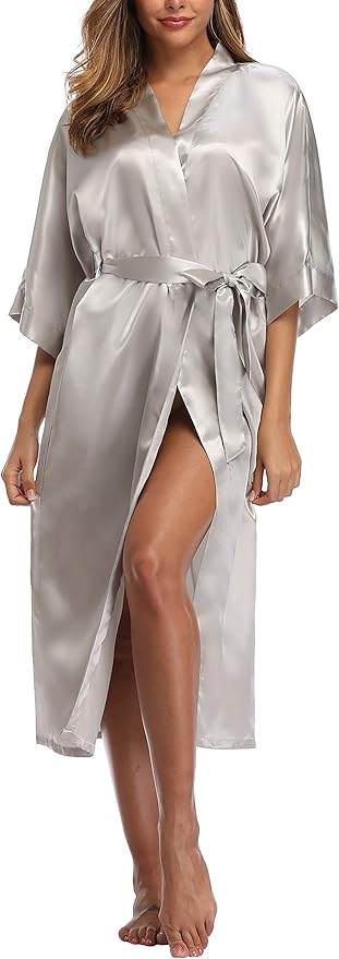 Womens Long Silky Robe Satin Kimono Robes Silk Bathrobe for Wedding Party Full Length Dressing Gown
