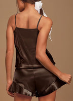 Aamikast Womens Silk Satin Pajama Sets Sexy Cami Ruffled Shorts Sets 2 Piece Pjs Sleepwear