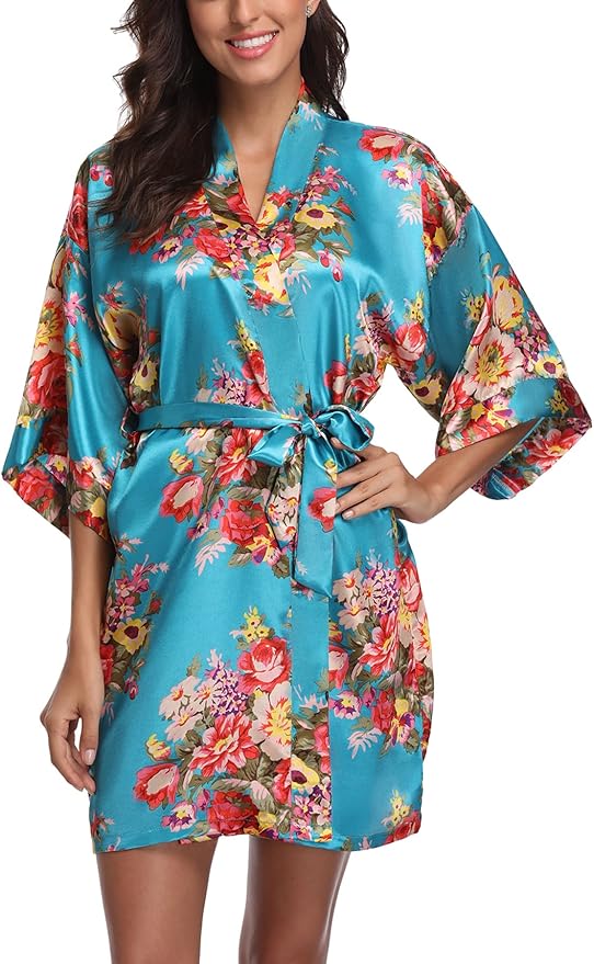 Women's Floral Satin Robes Bride Bridesmaid Getting Ready Robe Short Silky Kimono Sleepwear for Wedding Party