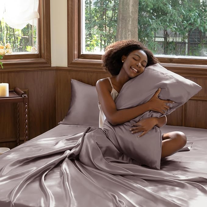 CozyLux Satin Sheets Full Size Sheets - 4 Piece Silky Full Size Bed Sheets, Luxury Dusty Purple Full Bed Set with Smooth and Soft Microfiber, Includes 1 Fitted Sheet, 1 Flat Sheet and 2 Pillowcases
