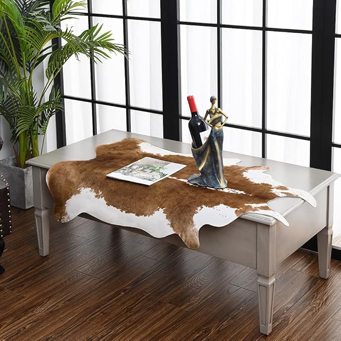 HOMORE Cowhide Rug, Cute Cow Print Rug for Living Room Faux Cow Hide Animal Print Carpet for Bedroom Office Table, 3.6 x 2.3 Feet, Khaki Brown