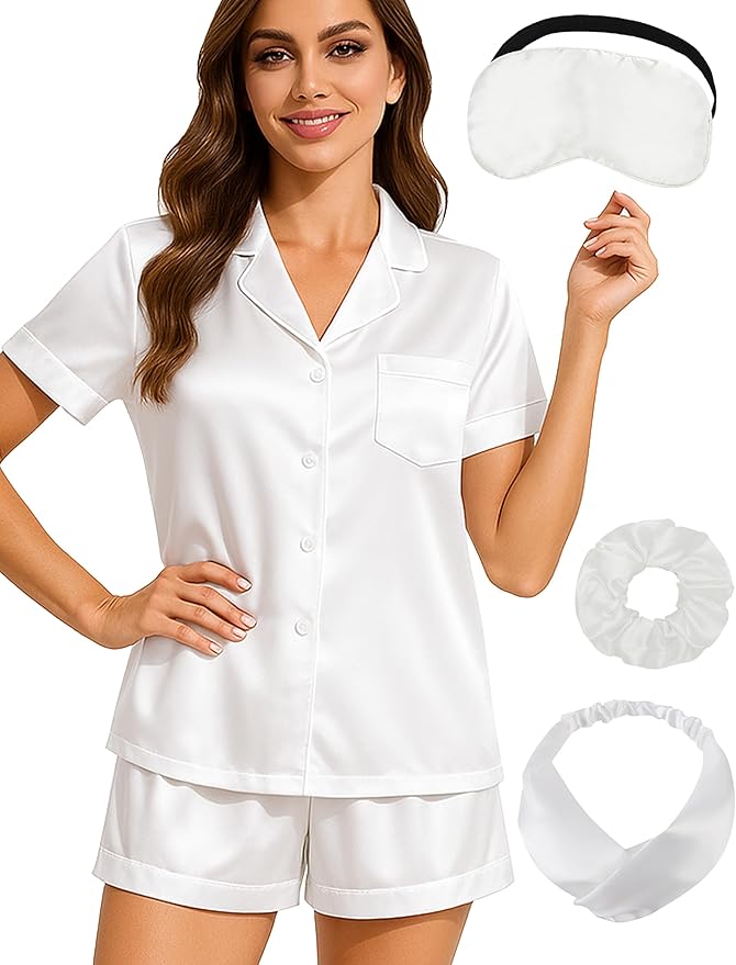 EPLAZA Silk Pajamas for Women Satin Pajamas Set 5 Pcs Long Sleeve Print Pattern Button Down Pjs Sleepwear Loungewear Set