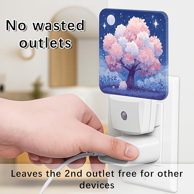 Cherries Blossom Night Lights Plug Into Wall, Night Fanciful Moon Stars Spring Peach Smart Led Plug in Lights for Wall Socket for Bathroom Closet Laundry Room Decor 1pcs