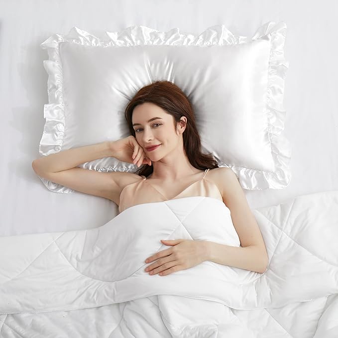 White Satin Ruffled Pillow Cases for Hair and Skin,White Silk Pillowcases Standard Set of 2 with Envelope Closure Princess Room Decoration