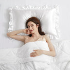 Silky Satin Ruffled Pillow Cases for Hair and Skin,White Silk Pillowcases Queen Set of 2 with Envelope Closure Princess Room Decoration