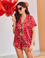 Ekouaer Womens Silk Satin Pajama Sets 2 Piece Button Down Silk Pjs Shorts Sets Cute Print Short Sleeve Sleepwear S-4XL