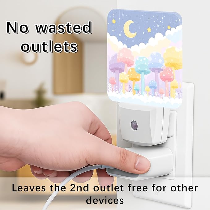 Mushroom Night Lights Plug Into Wall, Fanciful Playful Moon Stars Spring Pastel Peach Plug in Night Light with Dusk to Dawn Sensor for Guest Room Basement Office Decor 1pcs