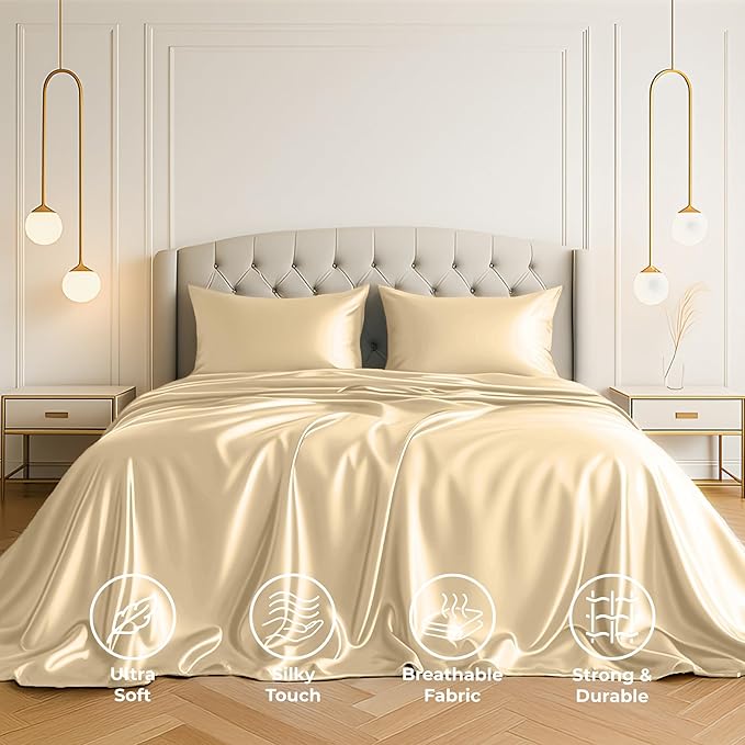 Satin Sheets King [4-Piece, Ivory] Hotel Luxury Silky Bed Sheets - Extra Soft 1800 Microfiber Sheet Set, Wrinkle, Fade, Stain Resistant - Deep Pocket Fitted Sheet, Flat Sheet, Pillow Cases