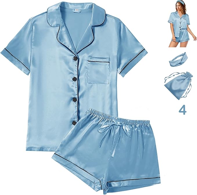 WJing Yi Jia 4Pcs Womens Satin Silky Pajama Sets Short Sleeve Shirt XS-4XL Floral Pajamas Set Soft PJ Loungewear Sleepwear